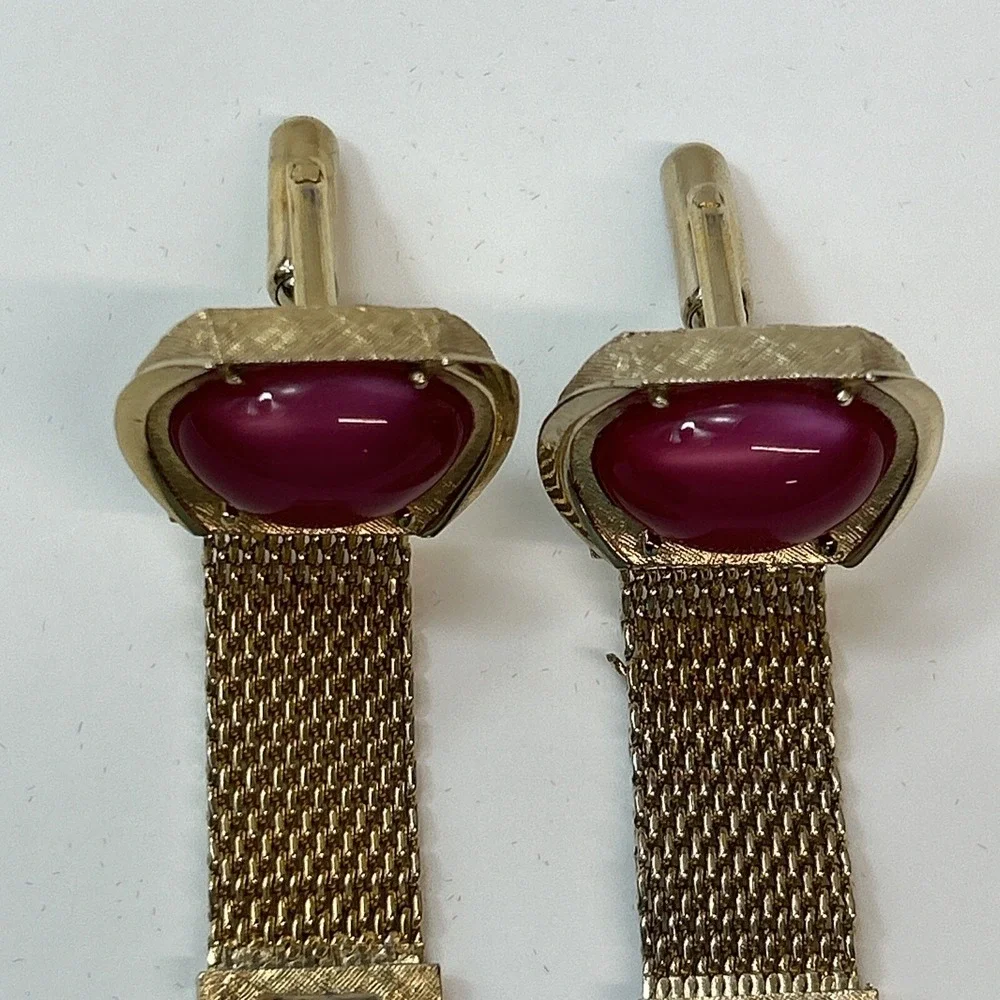 Swank Pink Moonglow & Gold Tone Cuff Links Signed Vintage Oval Gem Clasp Stamped
